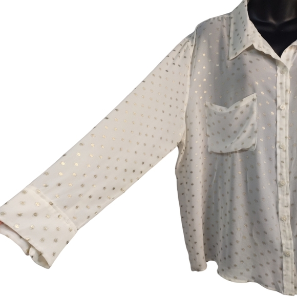 Mossimo Top Shirt Women's Sheer Cream White Gold Dots Print Button Up Sz… - Picture 5 of 9